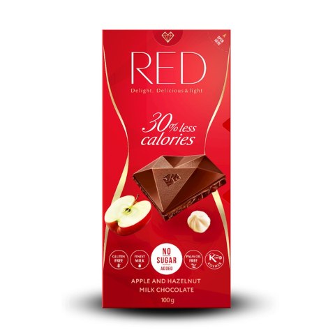 RED DELIGHT Czekolada mleczna z jabłkiem i orzechami laskowymi 100g bez dodatku cukru, 30% mniej kalorii