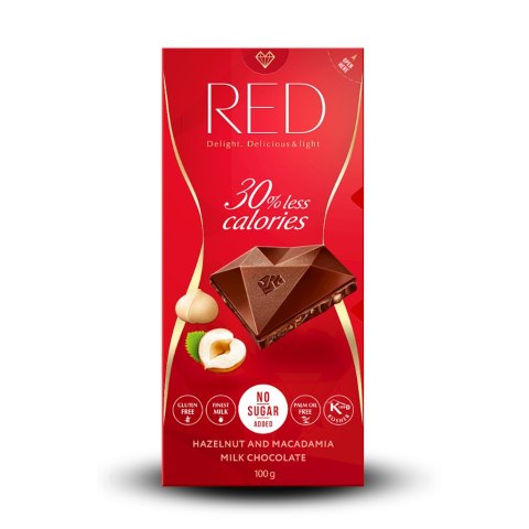 RED DELIGHT Czekolada mleczna z orzechami laskowymi i makadamia 100g bez dodatku cukru, 30% mniej kalorii