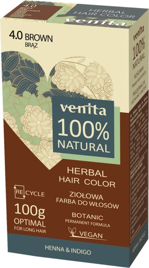 VENITA 100% ziołowa farba do włosów 4.0 brąz 100g VENITA 100% ziołowa farba do włosów 4.0 brąz 100g